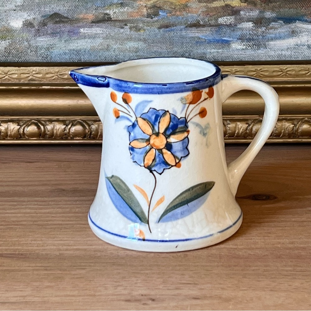 Hand-Painted Blue and Orange Floral Ceramic Creamer